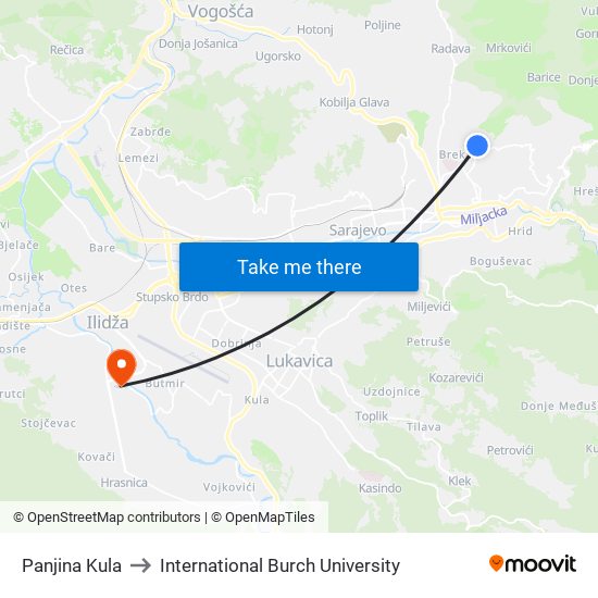 Panjina Kula to International Burch University map
