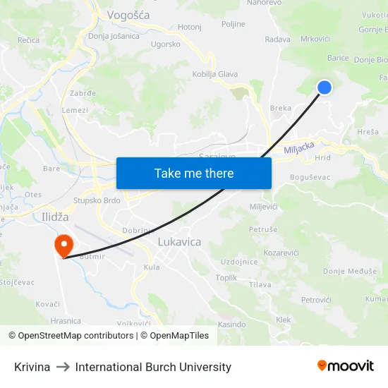 Krivina to International Burch University map