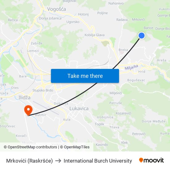 Mrkovići (Raskršće) to International Burch University map