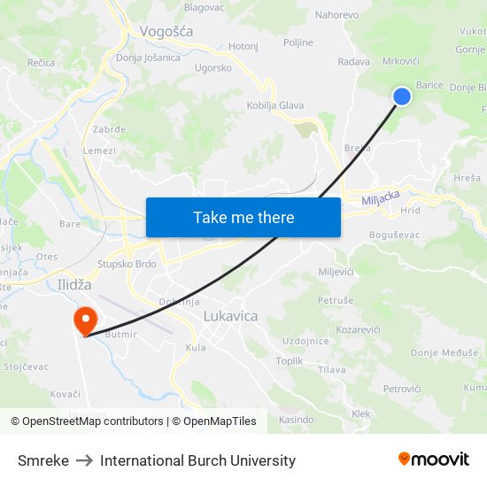 Smreke to International Burch University map