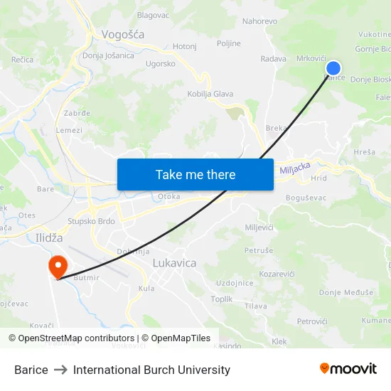 Barice to International Burch University map