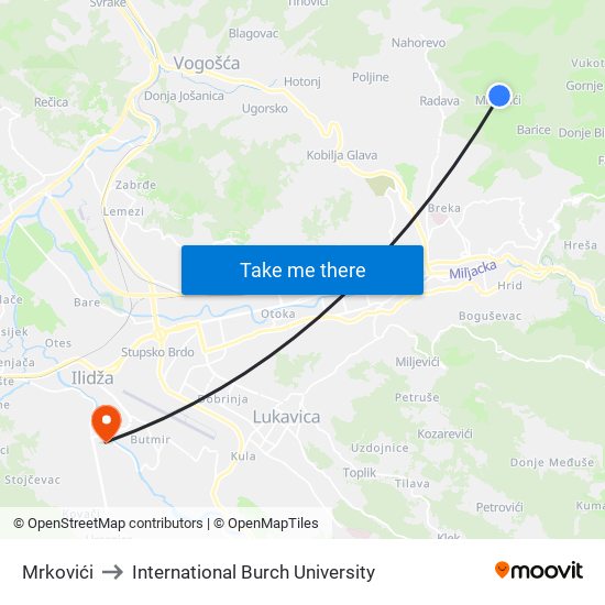 Mrkovići to International Burch University map