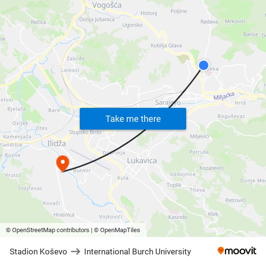 Stadion Koševo to International Burch University map