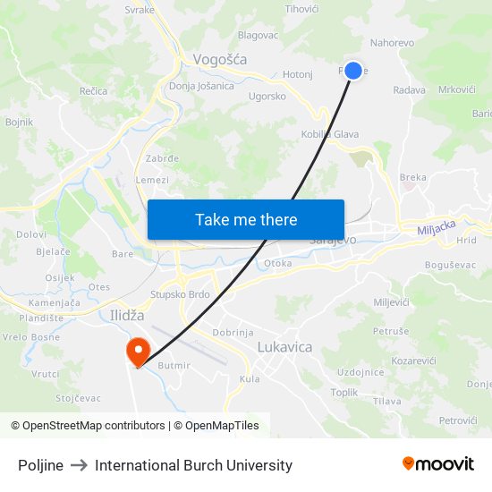 Poljine to International Burch University map