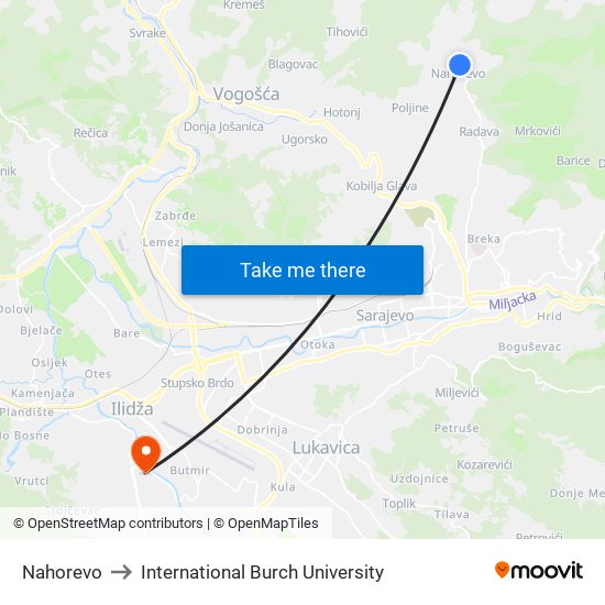 Nahorevo to International Burch University map