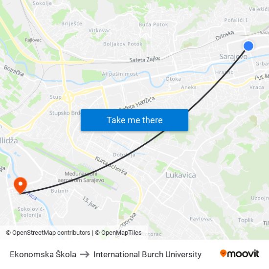 Ekonomska Škola to International Burch University map