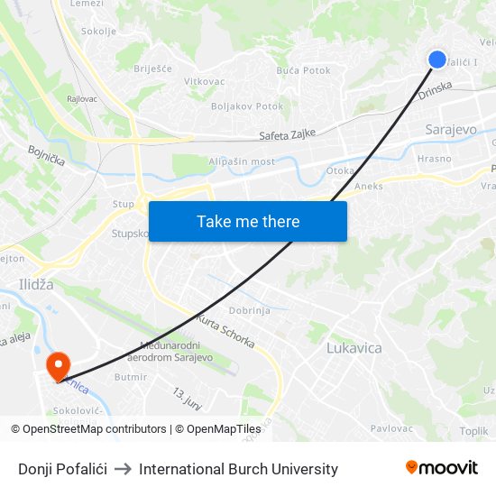 Donji Pofalići to International Burch University map