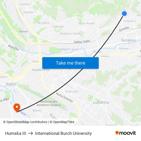 Humska III to International Burch University map