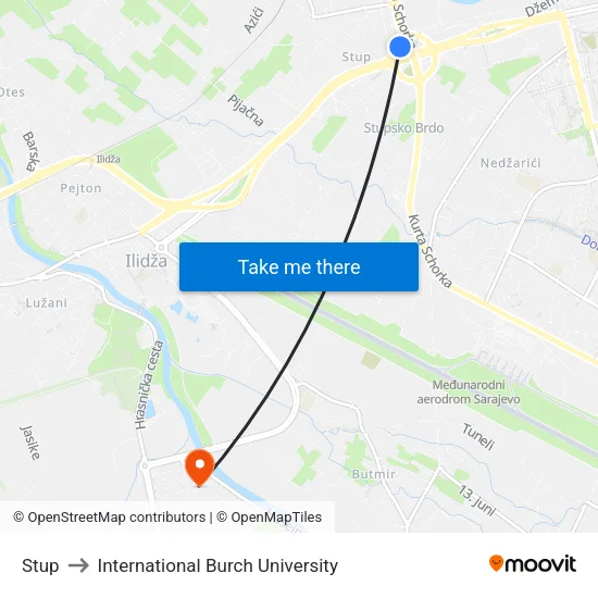 Stup to International Burch University map