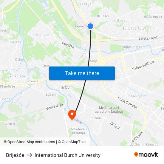 Briješće to International Burch University map
