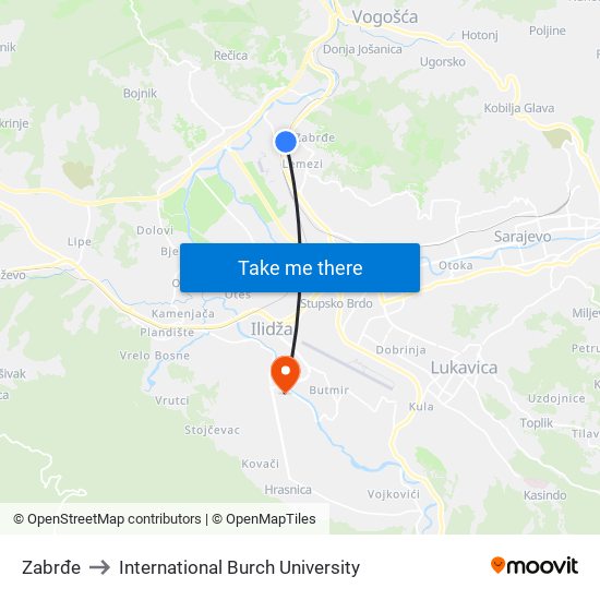 Zabrđe to International Burch University map