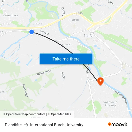 Plandište to International Burch University map