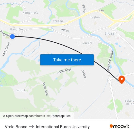 Vrelo Bosne to International Burch University map