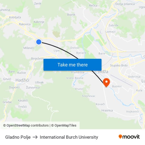 Gladno Polje to International Burch University map