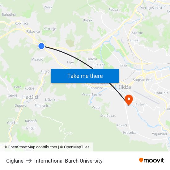 Ciglane to International Burch University map