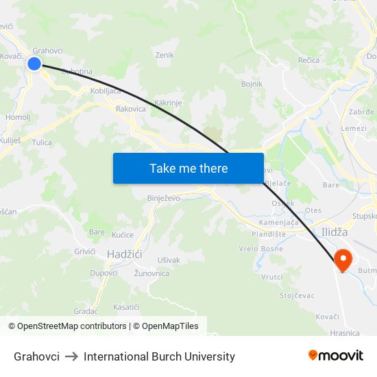 Grahovci to International Burch University map