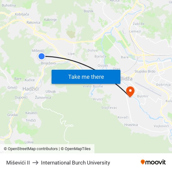 Miševići II to International Burch University map