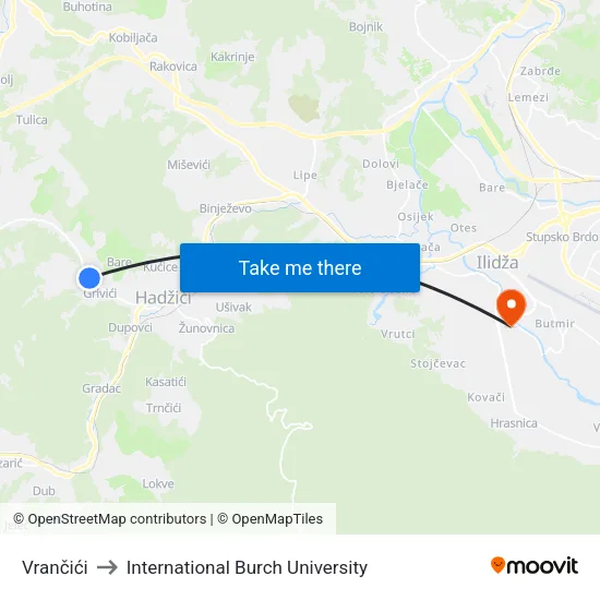 Vrančići to International Burch University map