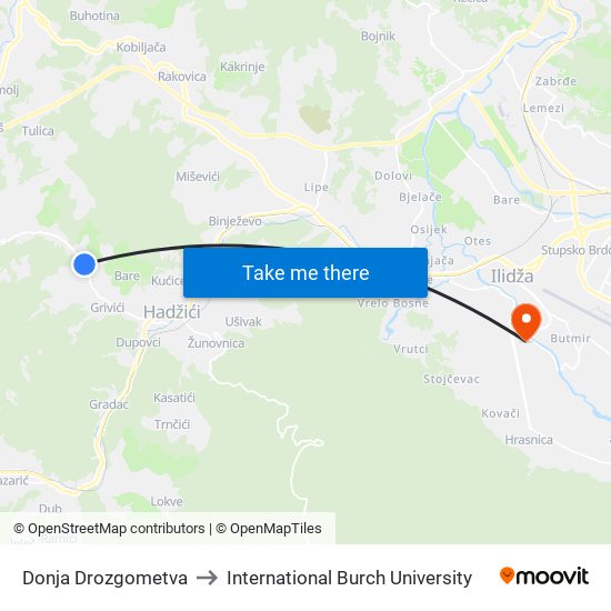 Donja Drozgometva to International Burch University map