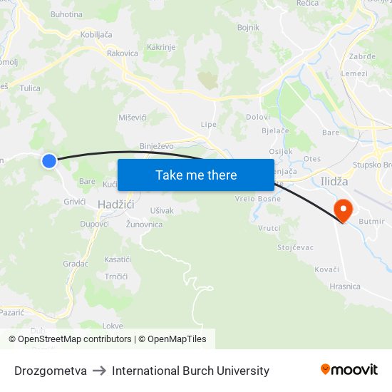 Drozgometva to International Burch University map