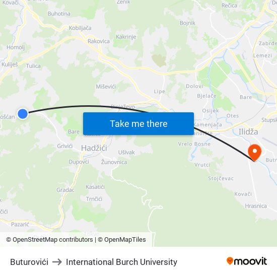 Buturovići to International Burch University map
