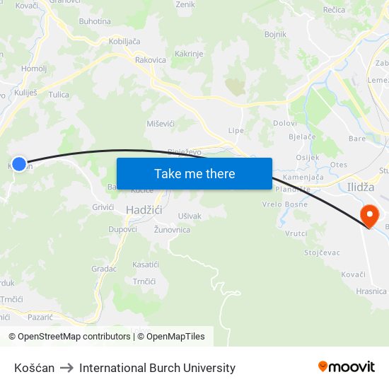 Košćan to International Burch University map