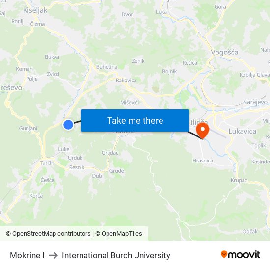 Mokrine I to International Burch University map