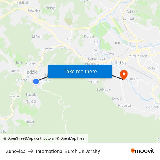 Žunovica to International Burch University map