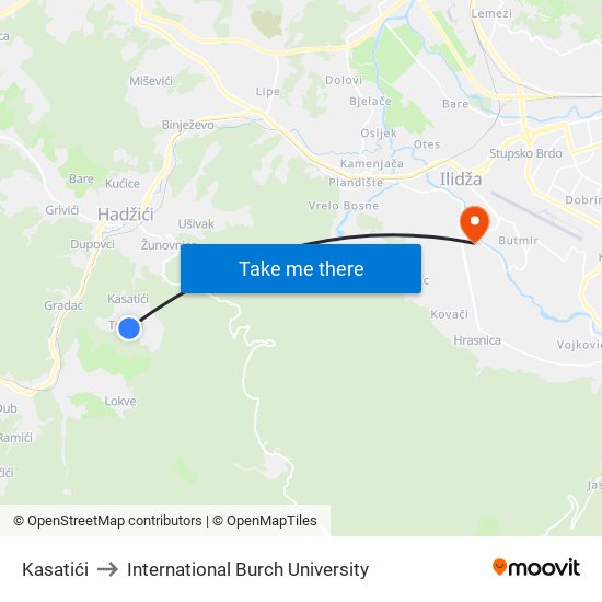 Kasatići to International Burch University map