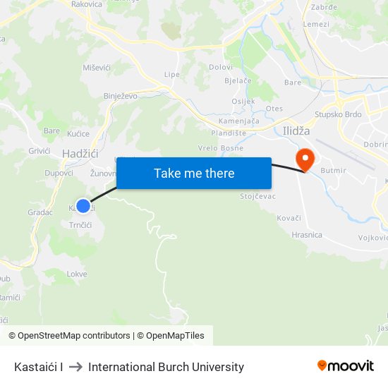 Kastaići I to International Burch University map