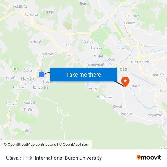 Ušivak I to International Burch University map