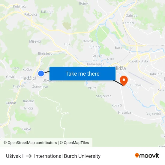 Ušivak I to International Burch University map