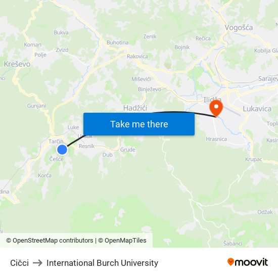 Cičci to International Burch University map