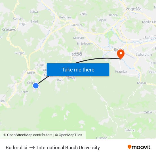 Budmolići to International Burch University map