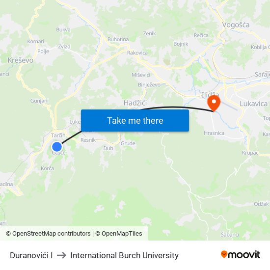 Duranovići I to International Burch University map