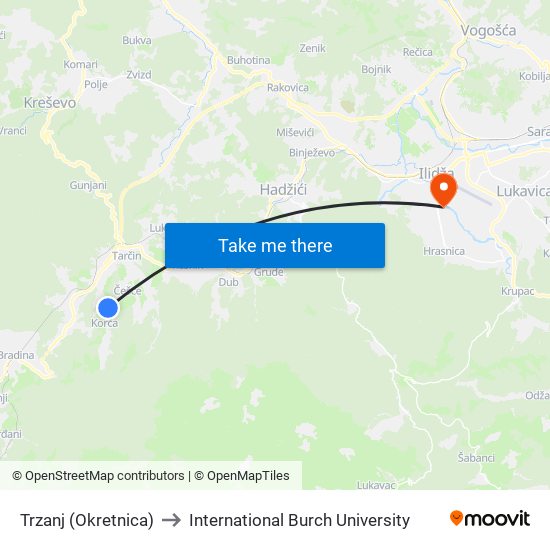 Trzanj (Okretnica) to International Burch University map