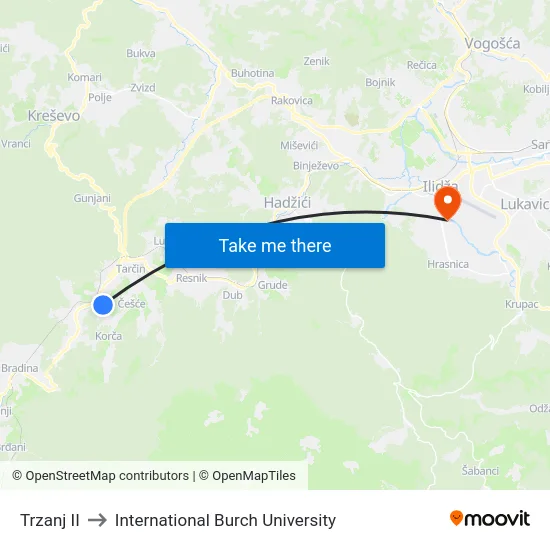 Trzanj II to International Burch University map