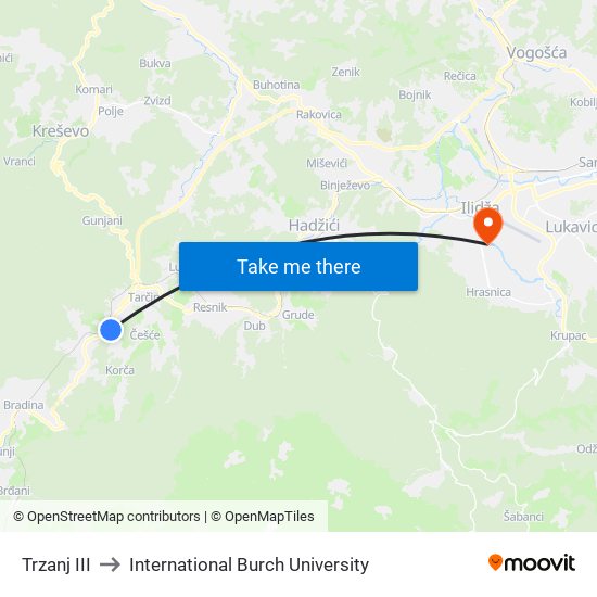 Trzanj III to International Burch University map