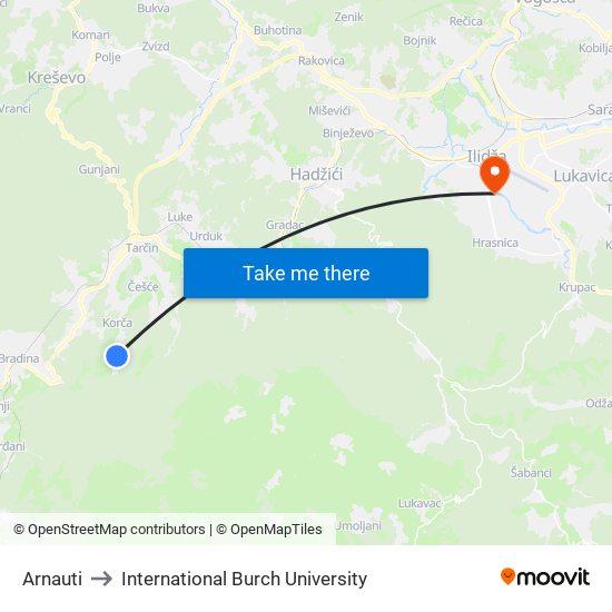Arnauti to International Burch University map