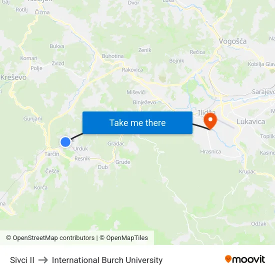 Sivci II to International Burch University map