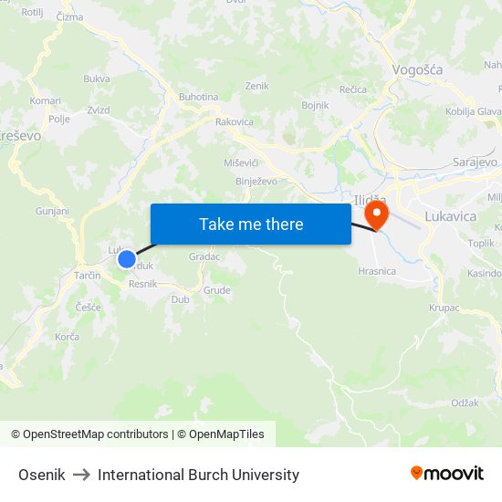 Osenik to International Burch University map