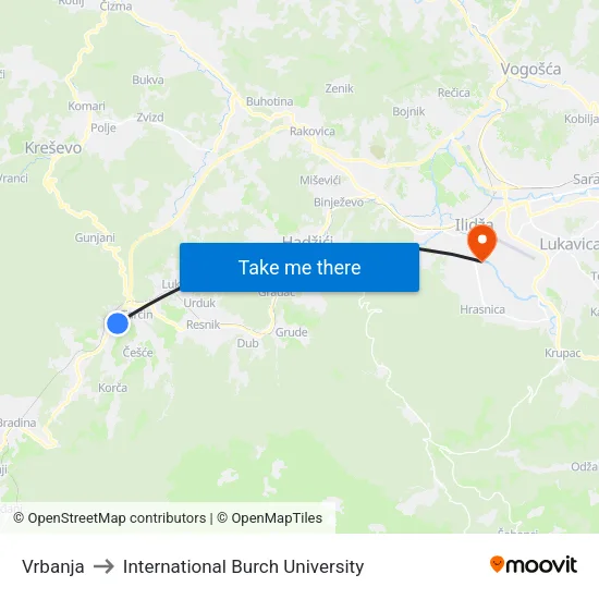 Vrbanja to International Burch University map
