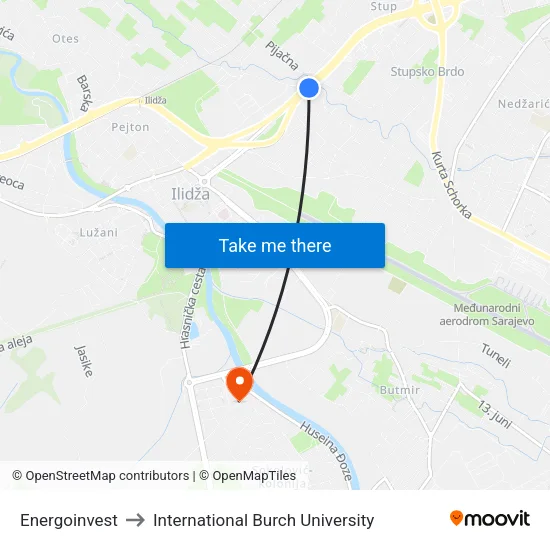 Energoinvest to International Burch University map