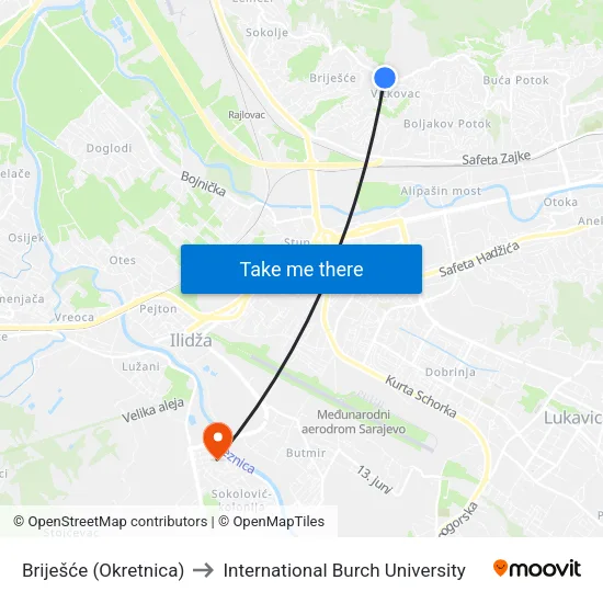 Briješće (Okretnica) to International Burch University map