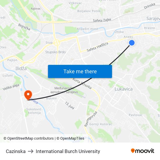 Cazinska to International Burch University map