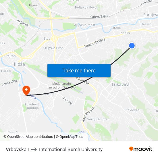 Vrbovska I to International Burch University map