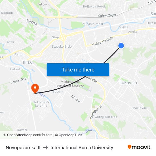 Novopazarska II to International Burch University map