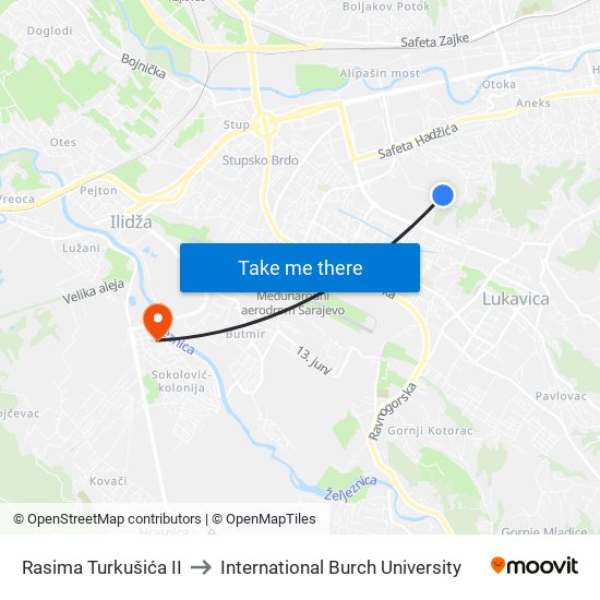 Rasima Turkušića II to International Burch University map