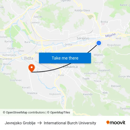 Jevrejsko Groblje to International Burch University map