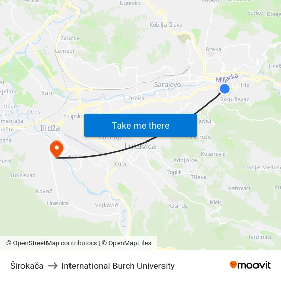 Širokača to International Burch University map